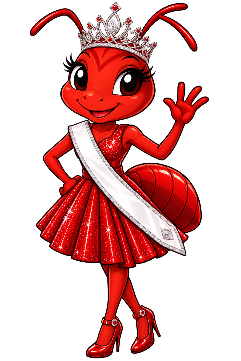 A smiling red fire-ant pageant queen wearing a jeweled crown and sparkling gown